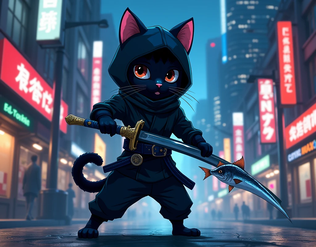 a cat dressed like a ninja with black outfit but he has a fish in the sword. is in the middle of the night city with skyscraper. make it as anime.