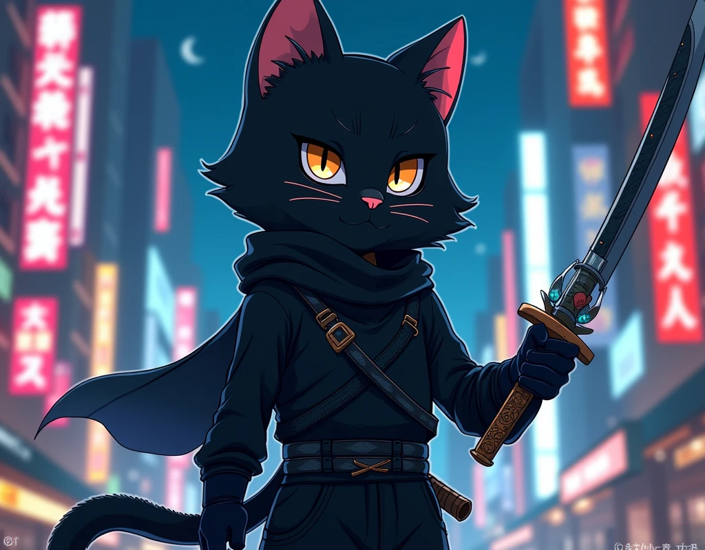 a cat dressed like a ninja with black outfit but he has a fish in the sword. is in the middle of the night city with skyscraper. make it as anime.