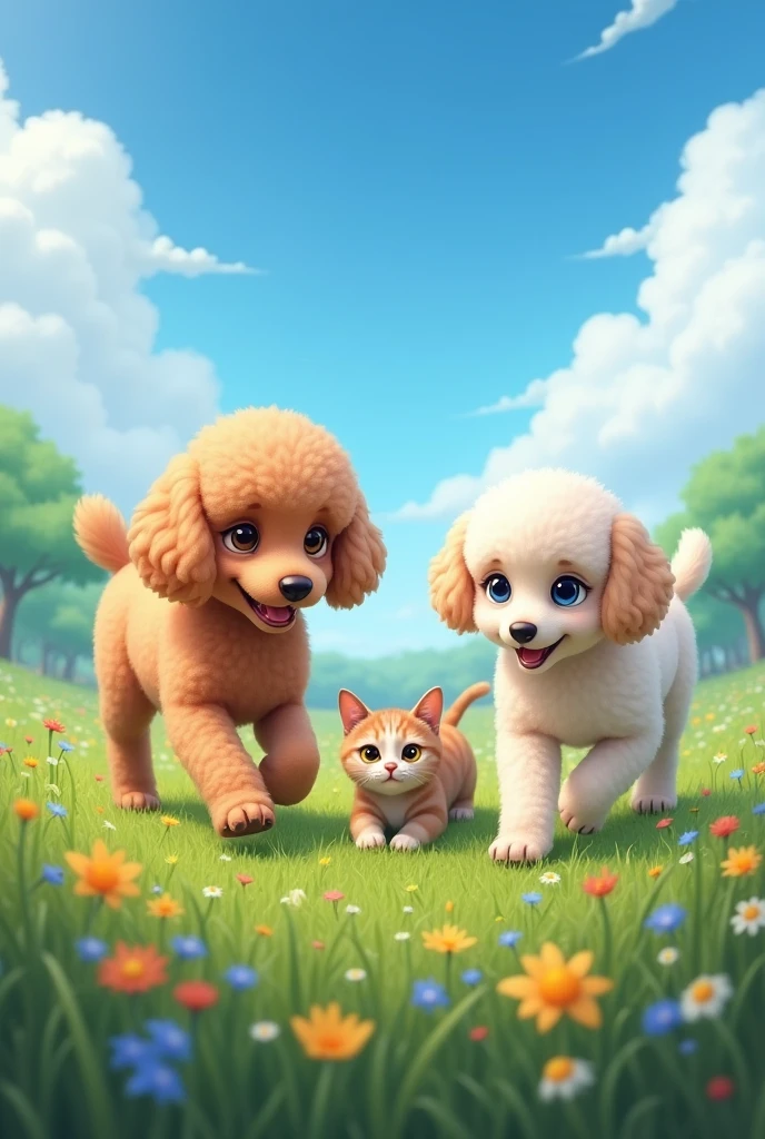 Create two poodle puppies with a mixed breed a male and a female female without an eye and a cat playing in a beautiful field One of the puppies without an eye