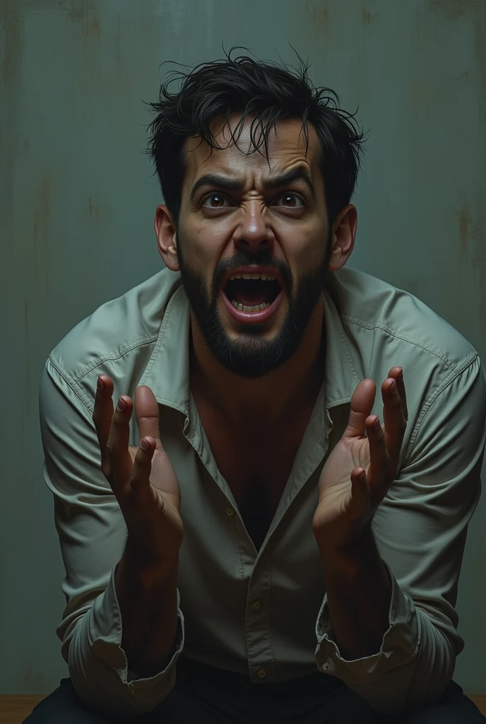 Generate an image of a guy simping over a guy. He should look desperate.