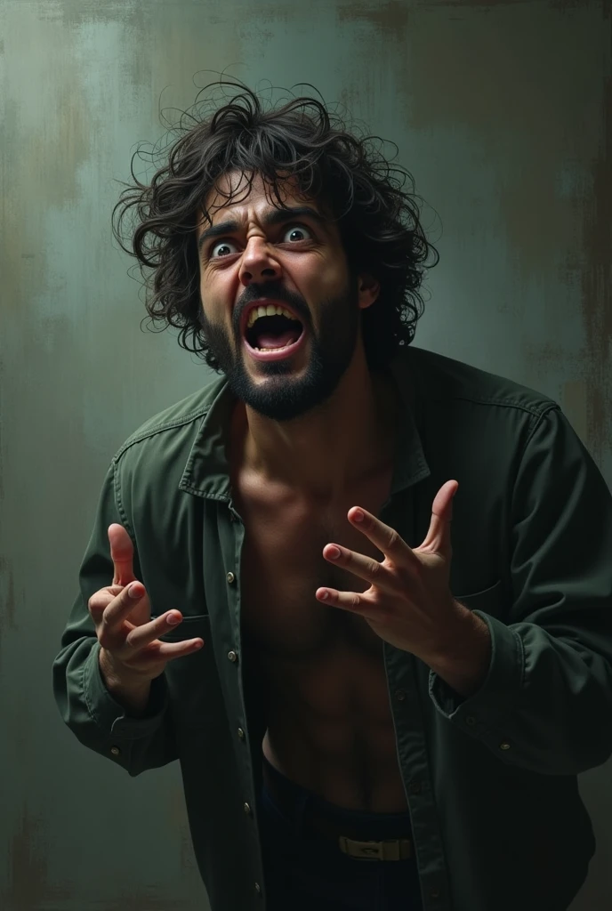 Generate an image of a guy simping over a guy. He should look desperate.