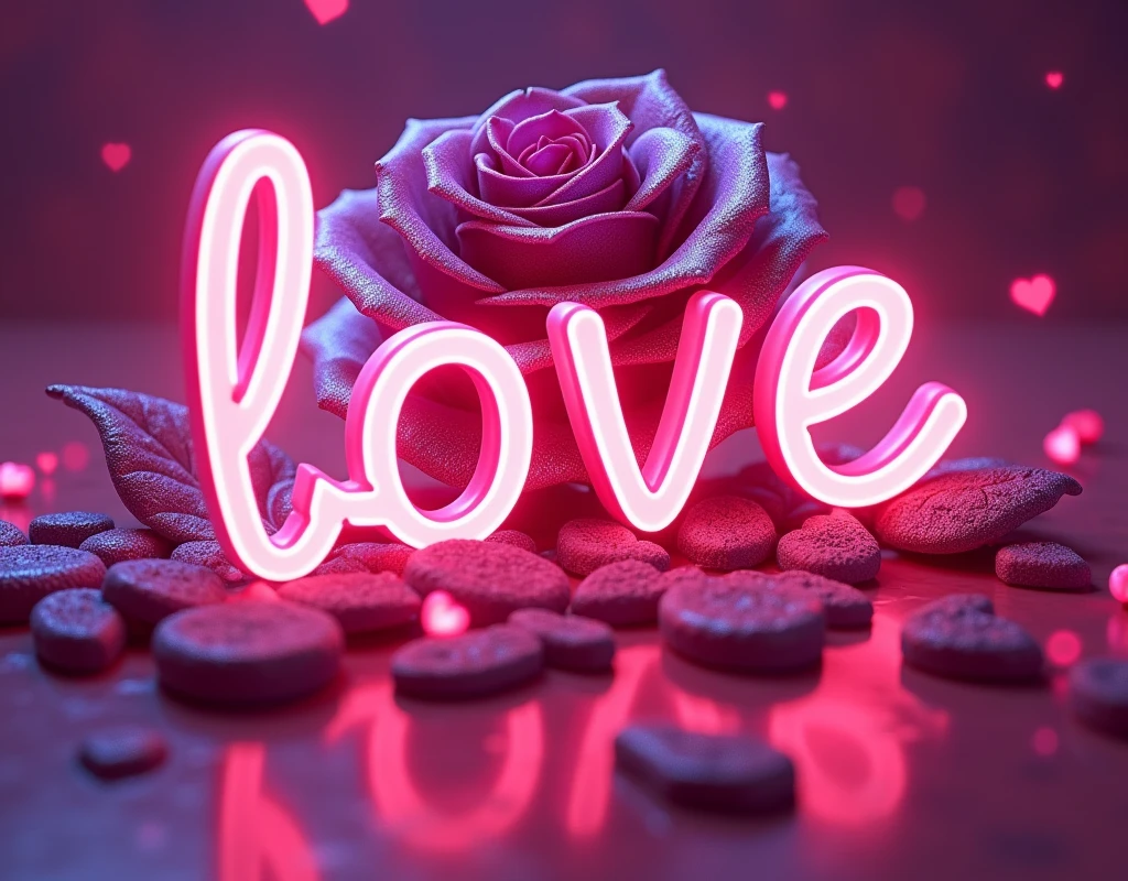 A mesmerizing artwork in a glowing neon art style! A vibrant pink background sets the stage for a stunning visual display. Three-dimensional text glows with an otherworldly light, spelling out "Love" in bold neon letters. Amidst this cosmic backdrop, a majestic rose blooms, its petals shimmering in a deep purple hue that seems to pulse with an inner radiance. The flower's dark, velvety centers appear almost black, adding depth and dimensionality to the design. Scattered throughout the composition are 3D neon hearts, their pinkish glow harmonizing with the overall palette. A dynamic angle captures the eye, drawing it into a world of enchantment and wonder.