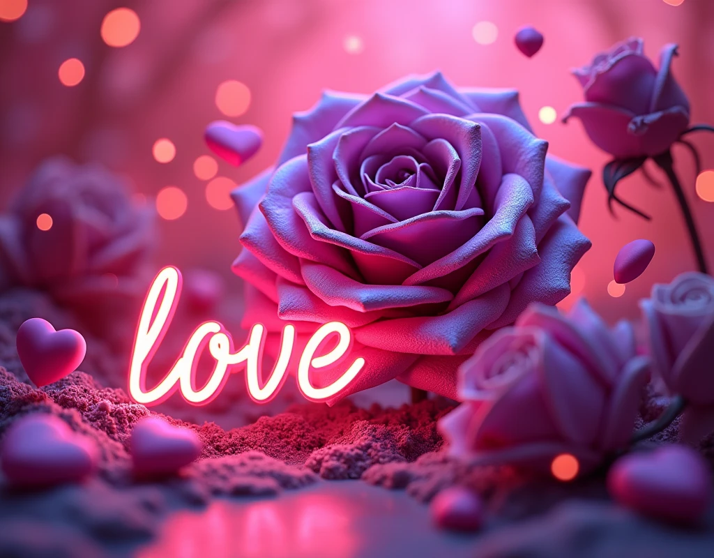 A mesmerizing artwork in a glowing neon art style! A vibrant pink background sets the stage for a stunning visual display. Three-dimensional text glows with an otherworldly light, spelling out "Love" in bold neon letters. Amidst this cosmic backdrop, a majestic rose blooms, its petals shimmering in a deep purple hue that seems to pulse with an inner radiance. The flower's dark, velvety centers appear almost black, adding depth and dimensionality to the design. Scattered throughout the composition are 3D neon hearts, their pinkish glow harmonizing with the overall palette. A dynamic angle captures the eye, drawing it into a world of enchantment and wonder.