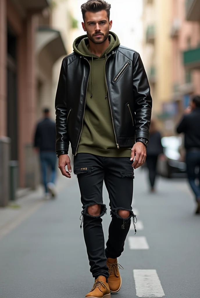 Man in leather jacket, underneath a military green hooded sweatshirt, black jeans and camel-colored shoes