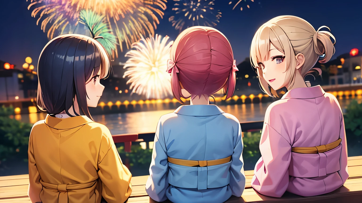 Three people in yukata watching fireworks　anime