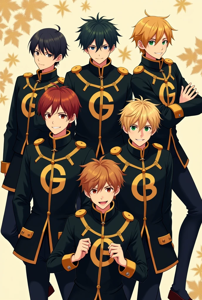 (Anime style) A group of 6 boys wearing black and golden coat G B written on coats