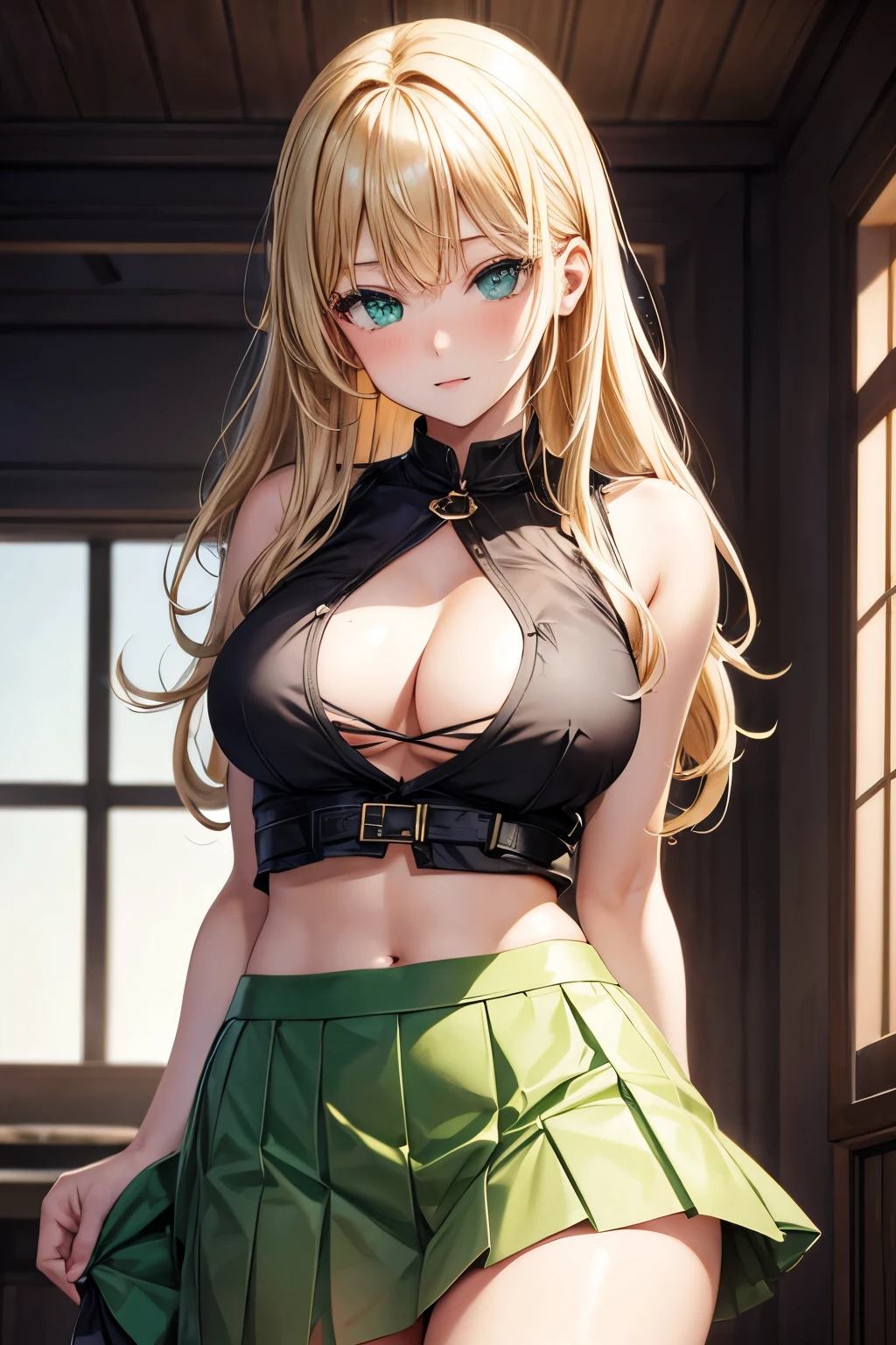 1girl, blond hair, green eyes, sexy skirt, sexy top 