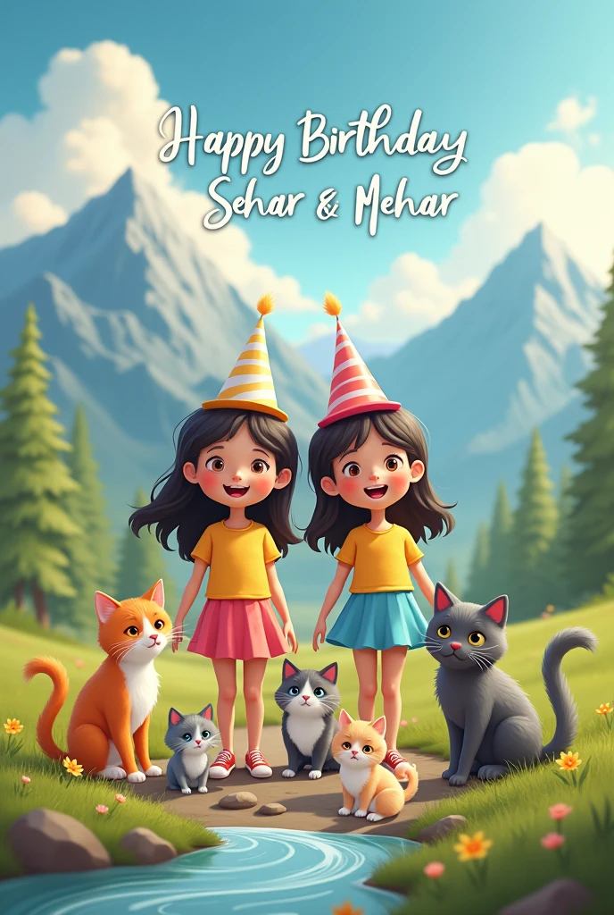 Create image of 2 identical twin girls aged about 5 years celebrating Their birthday with 2 cats one male amd other female both grey in colour while male cat is furry and female cat is chubby surrounded by their little kitten 5 in number one of whom is orange... They are celebrating near a stream in a vast meadow surrounded by mountains and in rhe sky its written ' Happy Birthday Sehar & Mehar '