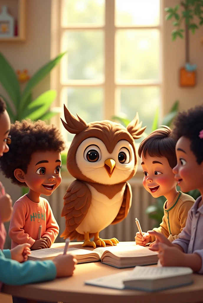 Children of different ethnicities and inclusion happily playing with an educational owl in the classroom