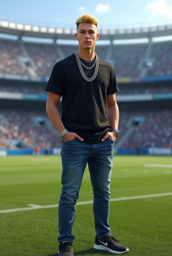 Create a full-body photorealistic image of a very slim, handsome, young-looking man, with very short yellow-blond hair. The avatar must be shaved, without facial veil (no beard or mustache). The avatar should have slightly darker honey-colored eyes, lighter eyebrows, a thin face with prominent cheekbones, and a stylish appearance. The character must wear a black t-shirt, a large Cuban style silver chain, blue jeans and Nike sneakers. The background should be the grass of the Titans Legacy stadium, clearly showing the iconic features of the stadium with the &#39;Titans Legacy&#39; title visible. The character&#39;s full body must be visible in the image, and there should only be one instance of the character in the image. The image must be photorealistic, capturing all the details accurately and realistically.
