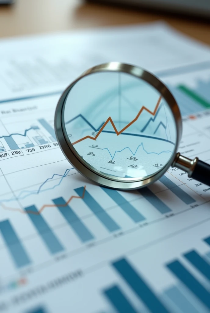A magnifying glass on a graph of the growth of houses under construction, realistic image