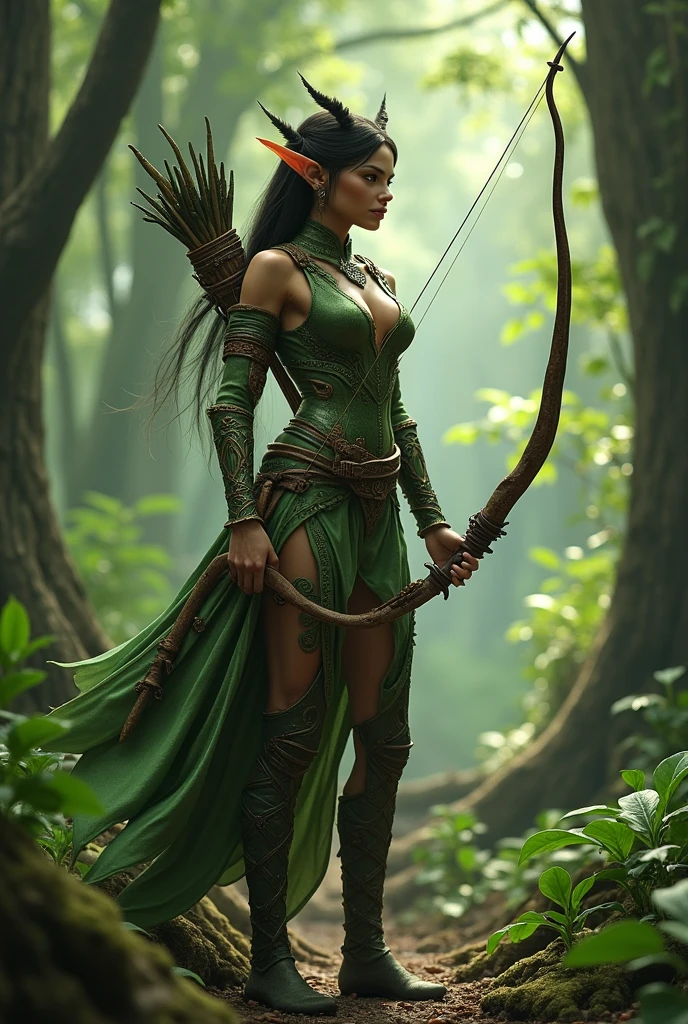 (photorealism:1.2), an exotic looking female fey, wood elf, dressed in greenish and brown leather armor,fantasy world setting. With a bow in hand and a quiver behind her back.