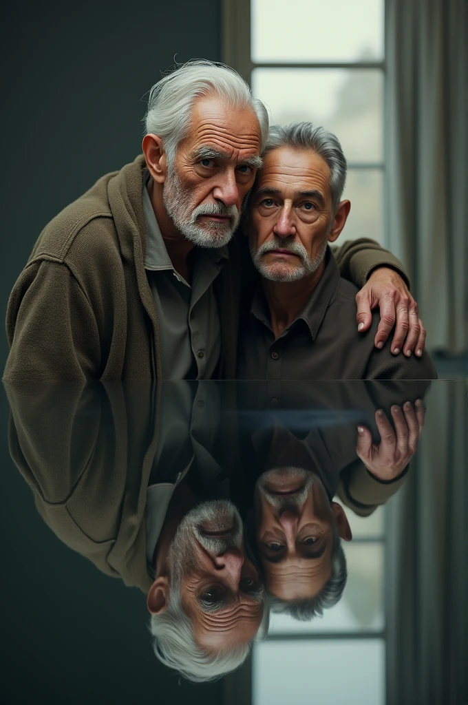 generate a image in which the first half will have a father and son where they are mirrored downwards as old father and old son