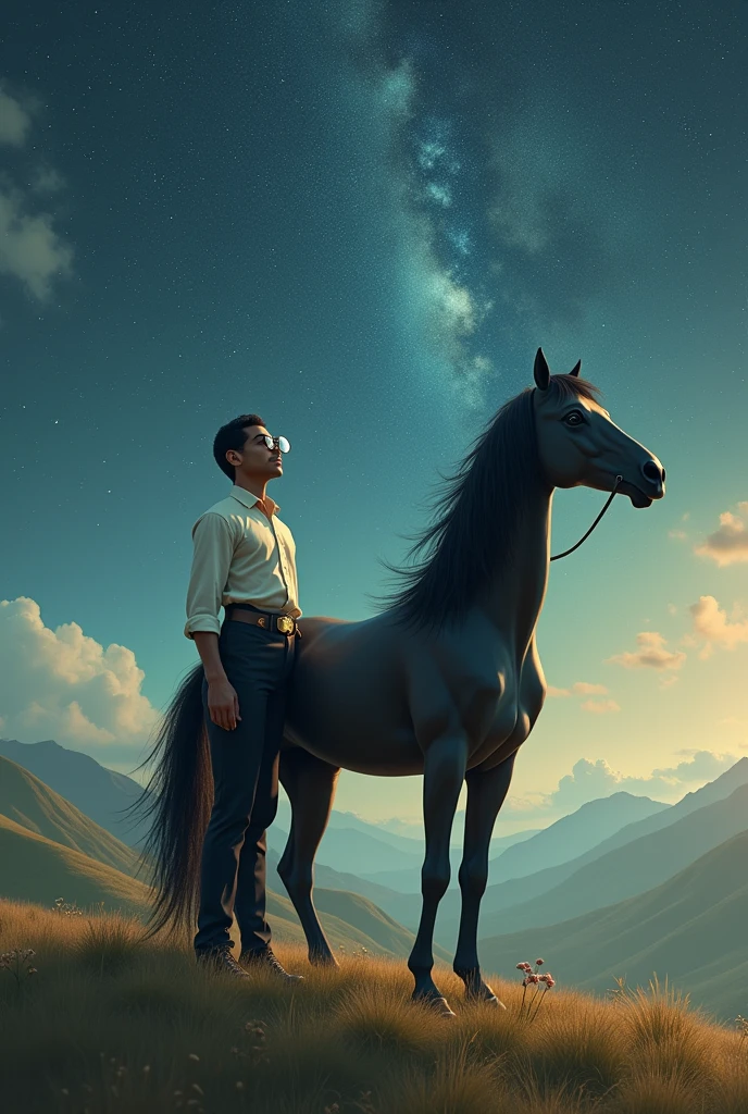 Indian man with the lower part of the body being that of a black-haired horse. He wears an old-fashioned white shirt, a monocle, and watch the stars from a valley.