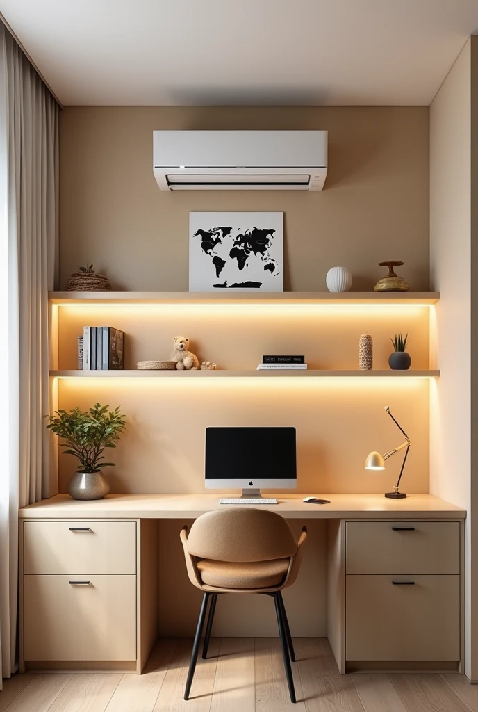 Entire wall covered in blond MDF José, nailed to this wall at the top, right in the middle, near the ceiling, there is the air conditioning, under the air conditioning, right in the middle, there is a small world map and under the world map there are 3 shelves with lighting, under the shelves near the floor there is a two-door sideboard cabinet. Next to the wall a window with a white curtain. 