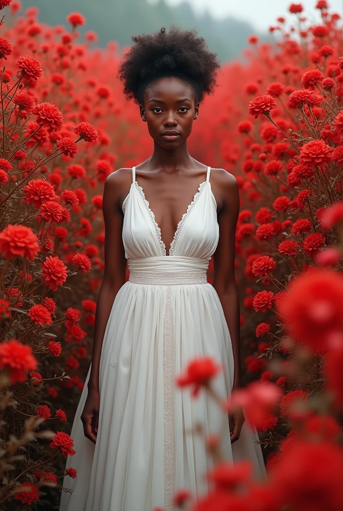 Black woman not showing her breasts in white dress with red flower landscapes