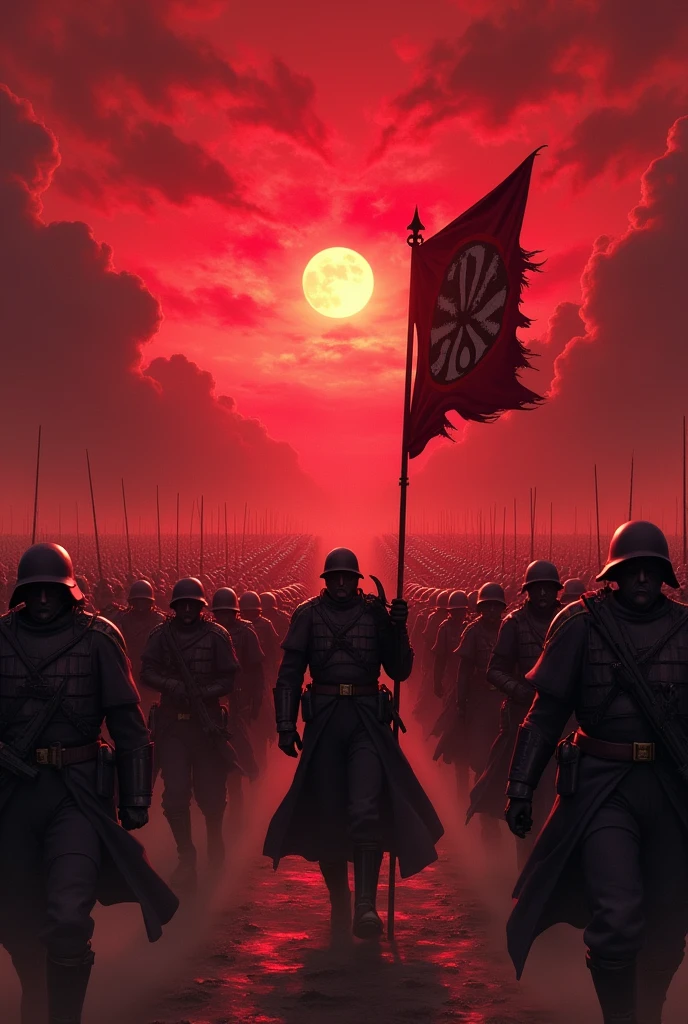 Red sky with write bdc army and around people