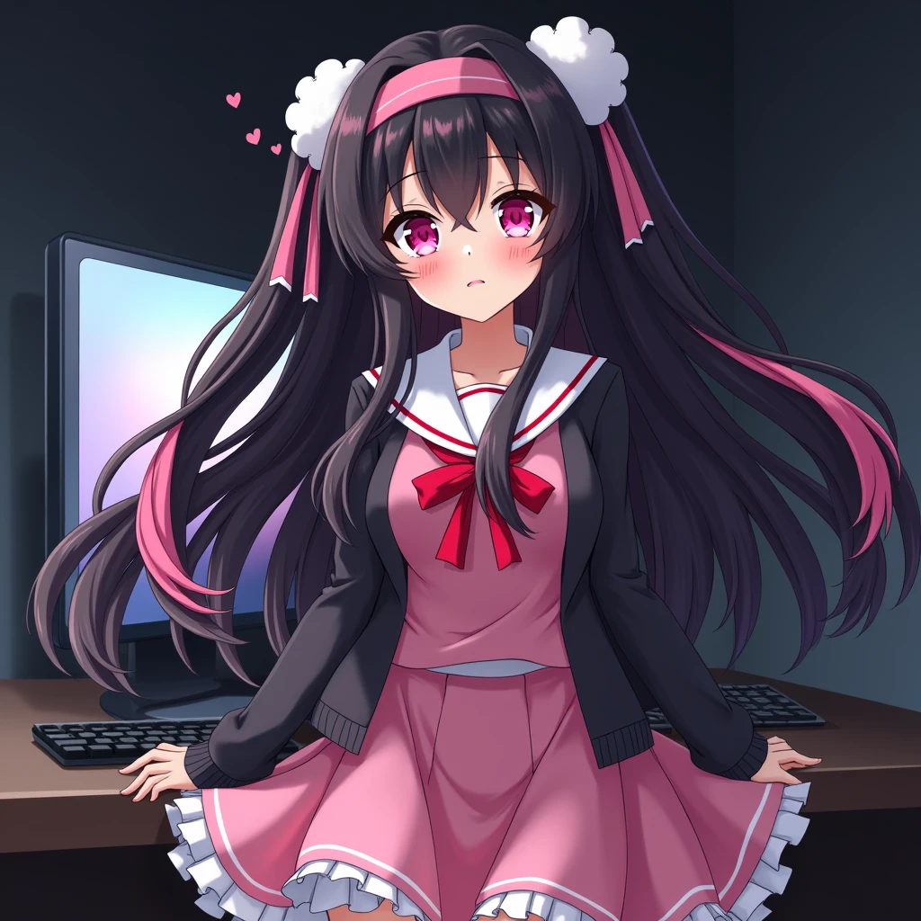 One person, Black Hair,Pink inner color,Long Hair, bangs,Half Twin Tail,Pink eyes, Droopy eyes,Take a closer look, Hearts in eyes, ribbon, Headband, White fluffy hair accessories,anime, anime風, skirt,Frills,Mine system,smartphone,Pink Sailor Suit,Dark cardigan,Drooping eyes,Confused eyes,Worried brow,Yandere,background computer,smartphone,delivery,Illness,Expose,dark,Midnight
