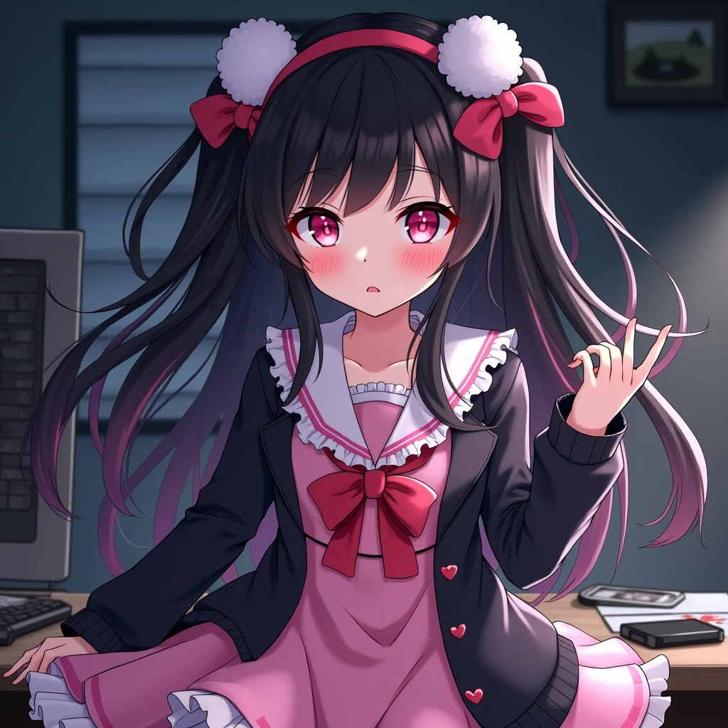 One person, Black Hair,Pink inner color,Long Hair, bangs,Half Twin Tail,Pink eyes, Droopy eyes,Take a closer look, Hearts in eyes, ribbon, Headband, White fluffy hair accessories,anime, anime風, skirt,Frills,Mine system,smartphone,Pink Sailor Suit,Dark cardigan,Drooping eyes,Confused eyes,Worried brow,Yandere,background computer,smartphone,delivery,Illness,Expose,dark,Midnight
