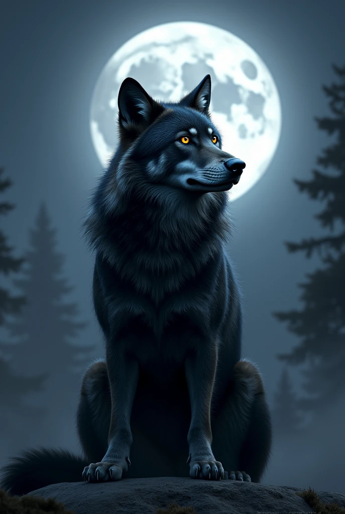 Image of a beautiful wild wolf with shiny black fur sitting under the silver moonlight looking forward high quality image 