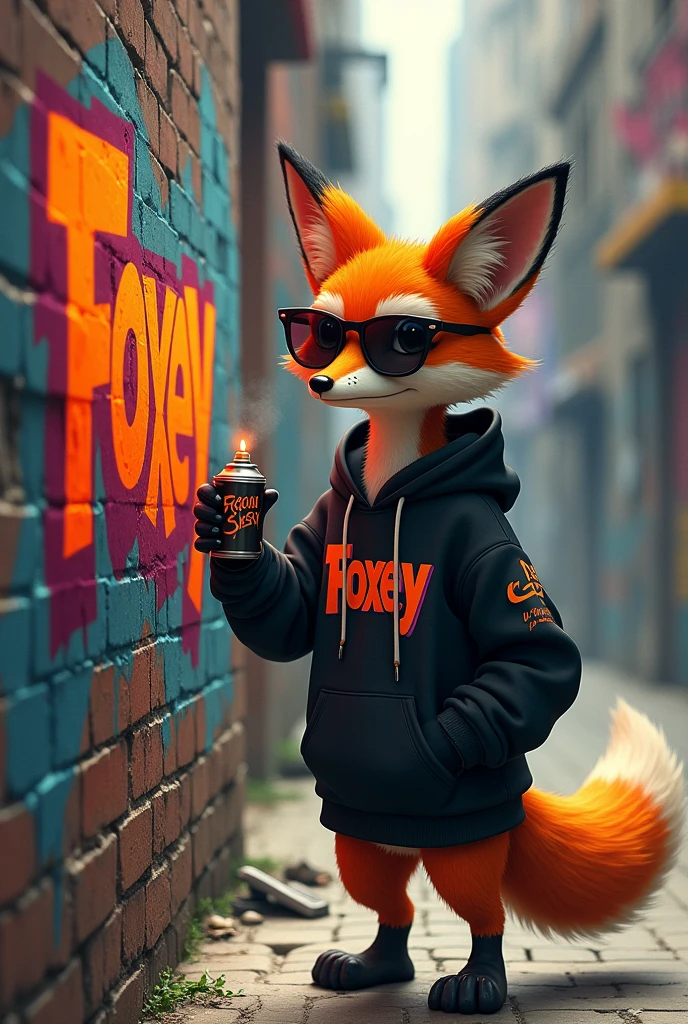 A fox with a black sweatshirt and sunglasses making a graffiti that says foxey