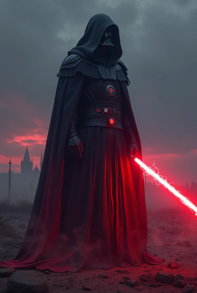 The country netherlands as a Sith Lord from Star Wars, colors of the flag (red, white, blue), red lightsaber, scary, frightening, ultra-realistic 