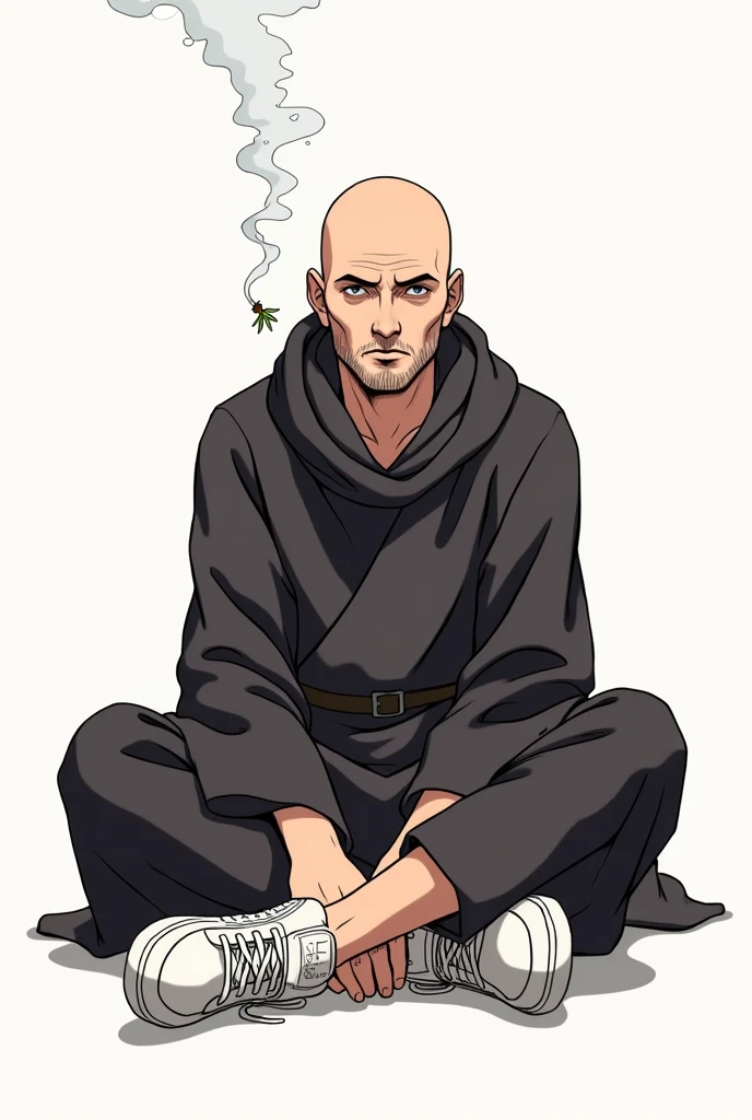 I want a picture of Rasputin sitting on the floor with his legs crossed... I want the image to have no background because I need it for a brand logo. I want it in anime with white Adidas shoes., bald and smoking weed