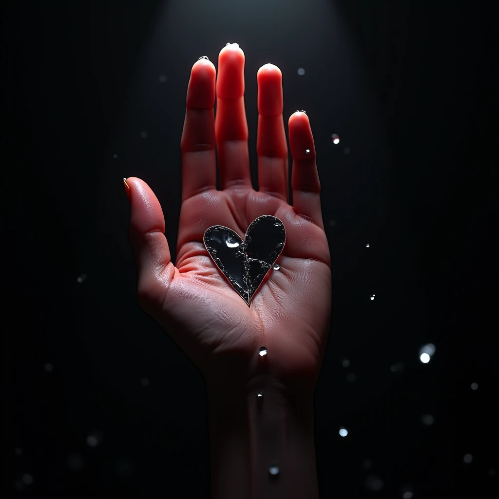 highly detailed hand with shattered glass shards in the shape of broken hearts, konstluster, photorealistic, 8k, hyperrealistic, intricate details, dramatic lighting, moody atmosphere, dark and gritty, intense colors, sharp focus, realistic textures, cinematic composition