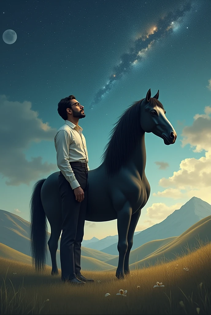 Indian man with the lower part of the body being that of a black-haired horse. He wears an old-fashioned white shirt, a monocle, and watch the stars from a valley.