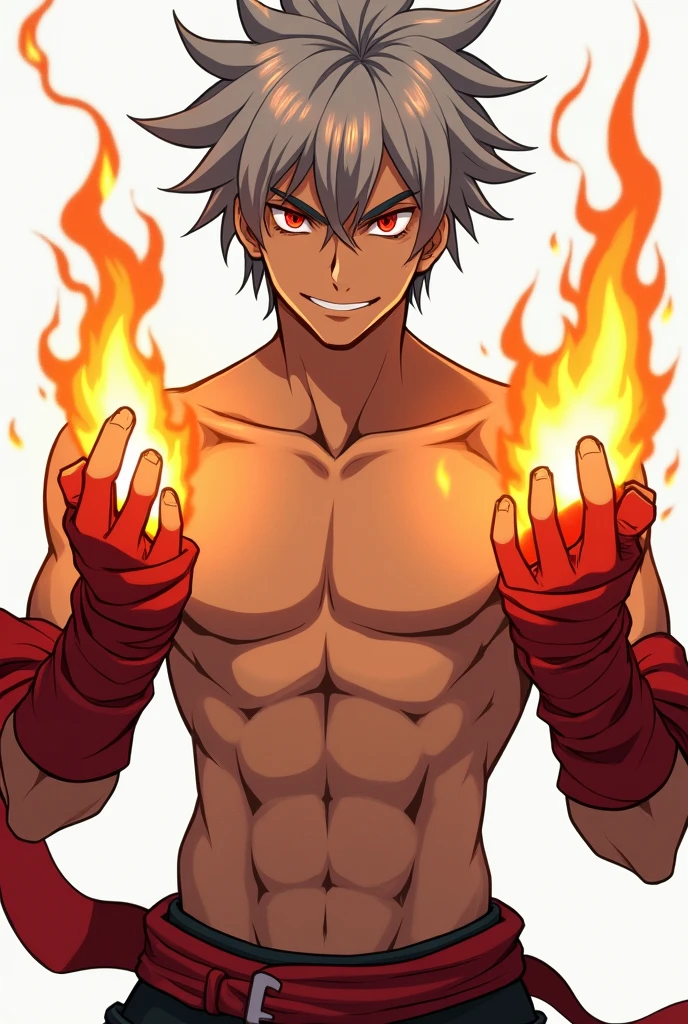 Sword art online anime art, a 19 year old young man with brown skin color, I have a smile on the corner of my face, has dark red eyes and messy gray hair, doesn&#39;t wear a shirt to show off his strong, toned body, There are cloths wrapped around his fists that are on fire.