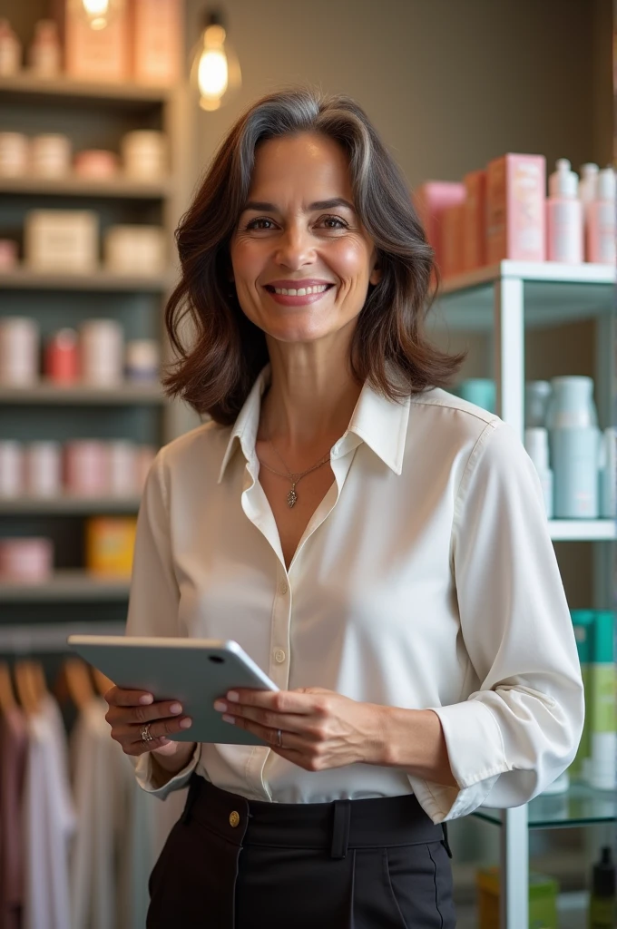 A full-body portrait of Manoli after discovering ConceptuAI, still a middle-aged woman in her early 50s, now radiating confidence and energy. She has the same shoulder-length wavy brown hair, lightly graying, but now styled neatly. Manoli is wearing a more modern and stylish outfit, such as a fashionable blouse and tailored pants, appropriate for her age. The setting is her now-organized and thriving neighborhood store, which is brightly lit with neatly arranged beauty and fashion products on the shelves. Manoli has a slight smile, looking relaxed and content, holding a tablet that shows her online store's dashboard with chatbots efficiently handling customer interactions. Her posture is upright and confident, symbolizing her regained control and success in managing both her physical and online businesses.Size: 1024x1792