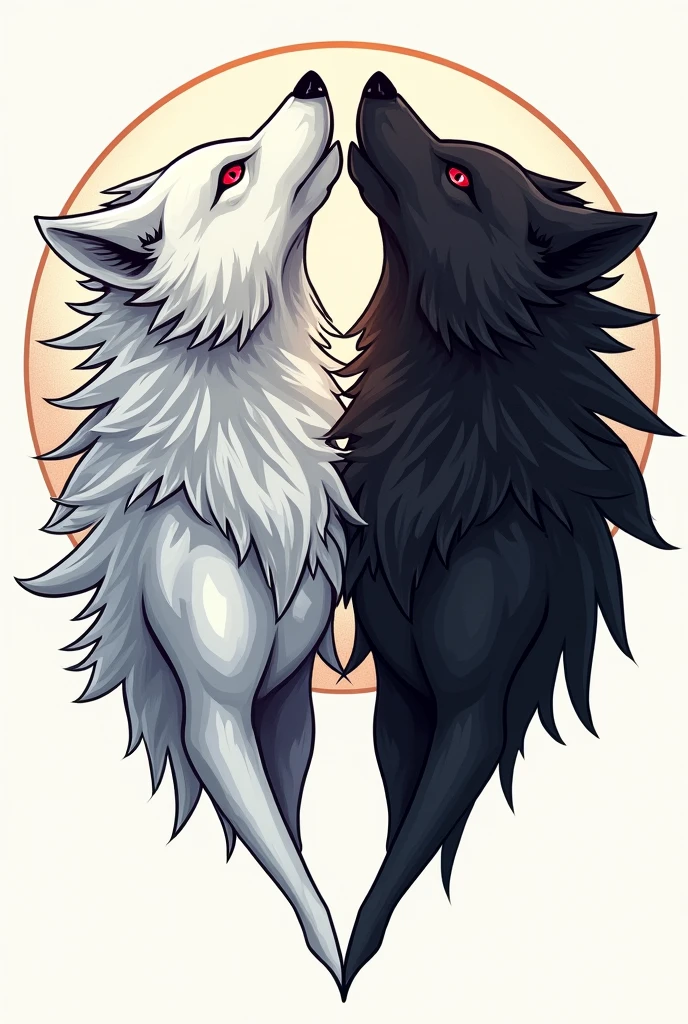 create an image for a tattoo with two wolves, one white and one black, both with red eyes 