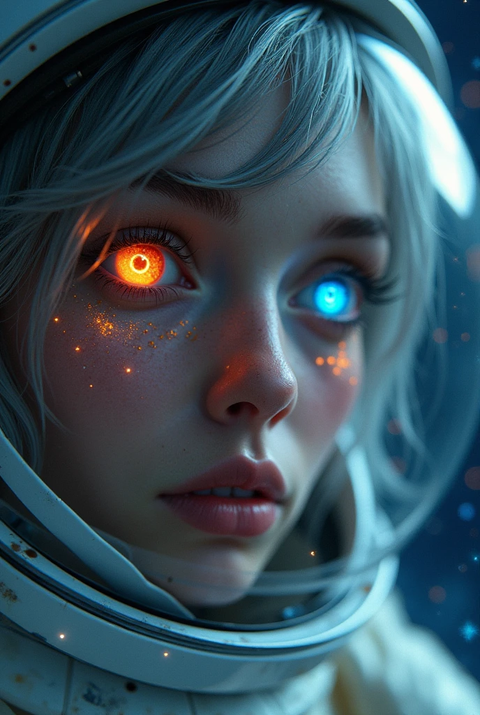 (Close-up of a better masterpiece:1.5)0.9], (Space and astronauts:1.2) (Messy silver hair:1.1) (Heterochromia xanthochromia and blue eyes:1.2) (Space Helmet:1.0) (Colored stars in the eyes:1.0) (A radiant glow:1.1) (thick lips:0.9)