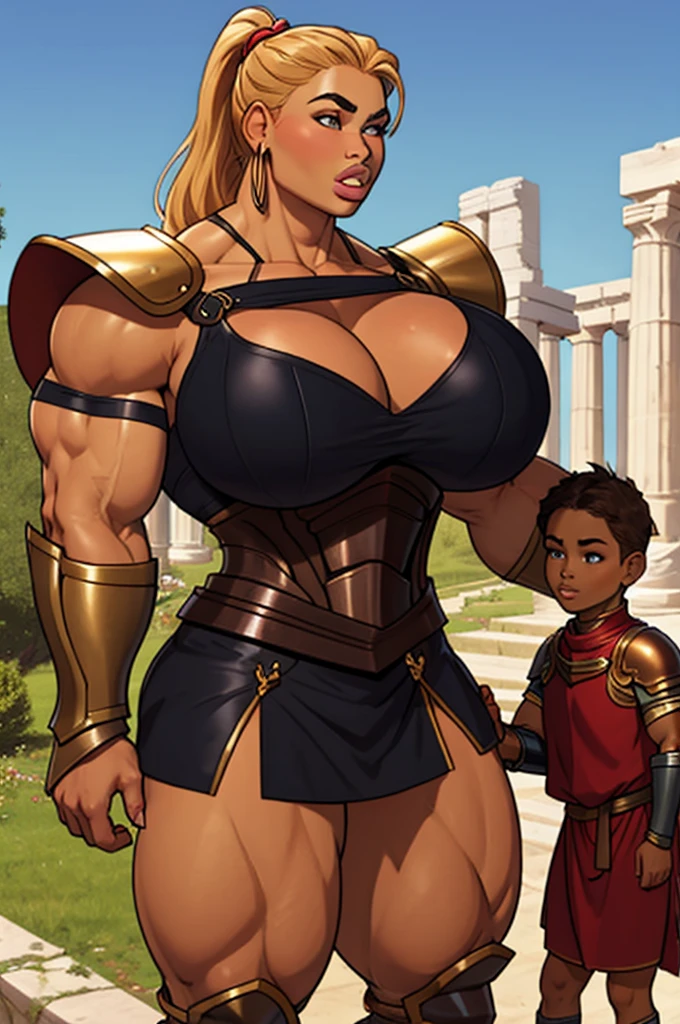 SFW close up, young girl, amazon warrior protecting a kid in an ancient greek-like city, chest armor huge breastplate, young, s, muscular, athletic, buff, attractive, curvy, powerful, bulky, incase, super tanned, dark bronzed skin, extremely huge thighs, hypermuscular legs, extremely pumped up quad muscles, wearing armor, perfectly round breasts, breast implants, fake tits, parted lips, scar on thighs and biceps, exaggeratedly thick thighs