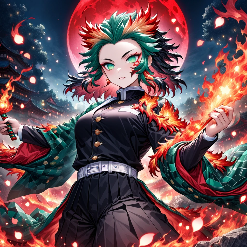 ultra detaild, high resolution, absurdrez, HDR, Masterpiece artwork, Rengoku Kyojuro, hair green, Olhos castanhos expressivos, white haori with moon patterns, black demon slayer uniform, Kimetsu no Yaiba, fancy, petals, red flowers, homem bonito e sexy holding an epée, 独奏, magie, bright red fireflies, red moon, best qualityer, extremly detailed face and eyes, fire, holding an epée