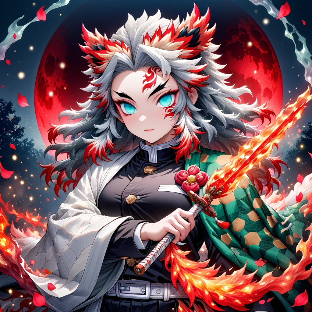 ultra detaild, high resolution, absurdrez, HDR, Masterpiece artwork, Rengoku Kyojuro, hair green, Olhos castanhos expressivos, white haori with moon patterns, black demon slayer uniform, Kimetsu no Yaiba, fancy, petals, red flowers, homem bonito e y holding an epée, 独奏, magie, bright red fireflies, red moon, best qualityer, extremly detailed face and eyes, fire, holding an epée