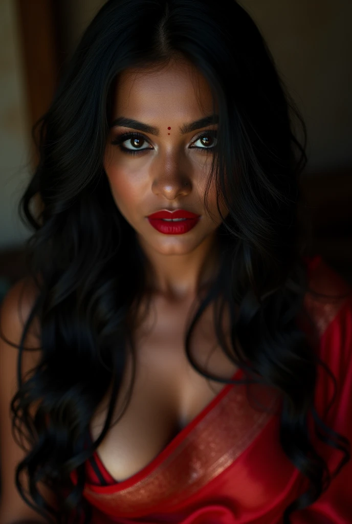 (close up, Face portrait, editorial photograph of a 30 year old dusky brown indian woman with long black hair), long oval shaped face, red lipstick, (highly detailed face:1.4) (smile:0.7) (background inside dark, seductive posture, moody, private study:1.3) POV, by lee jeffries, nikon d850, film stock photograph ,4 kodak portra 400 ,camera f1.6 lens ,rich colors ,hyper realistic ,lifelike texture, dramatic lighting , cinestill 800, natiral light from windows, woman with heavy breasts and clevage, full wet, with long flowing hair, black eyes, with flowing capes, c-cup breast, wearing silk saree, perfect composition, hyperrealistic, super detailed, 8k, high quality, trending art, trending on artstation, sharp focus, studio photo, intricate details, highly detailed, looking at the Camera, lusty look, brown skinned, natural makeup, dramatic ligting, red lips, Dusky brown skinned woman, detailed skin texture, seductive look, chubby boddy, huge Clevage visible, low angle shot, bended posture,