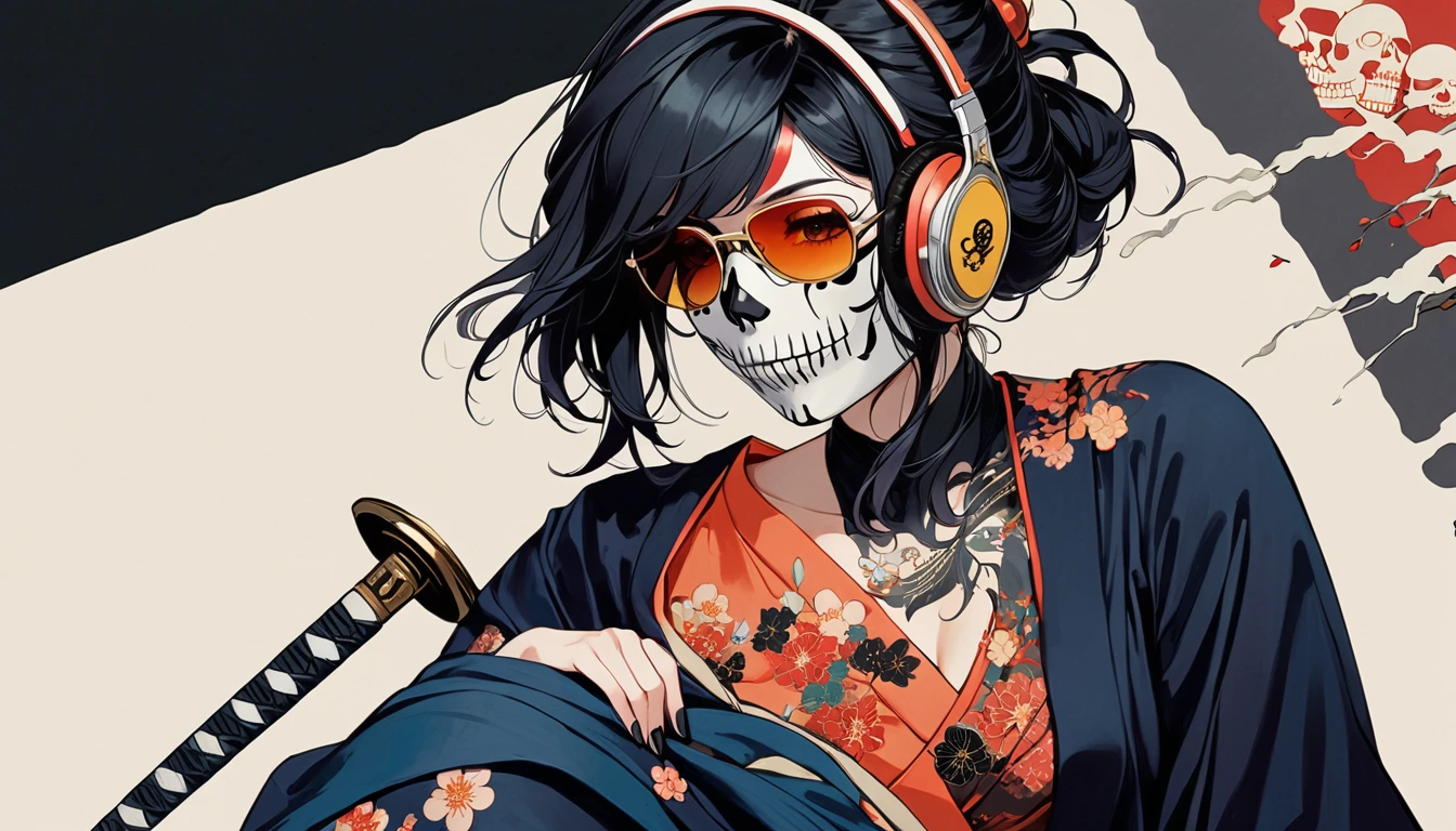 Ink Painting, (((1 girl))), (((Tattoo on face))), (((sunglasses))),(((skull mask))), (((Japanese sword))), Japanese style headphones, beautiful girl, Black Hair, Delicate and precise, Modern ukiyo-e style, background color Darkness