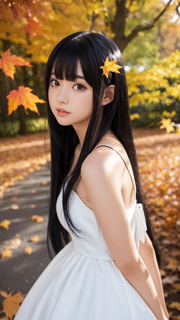Black-haired anime girl in a white dress,autumn leaves