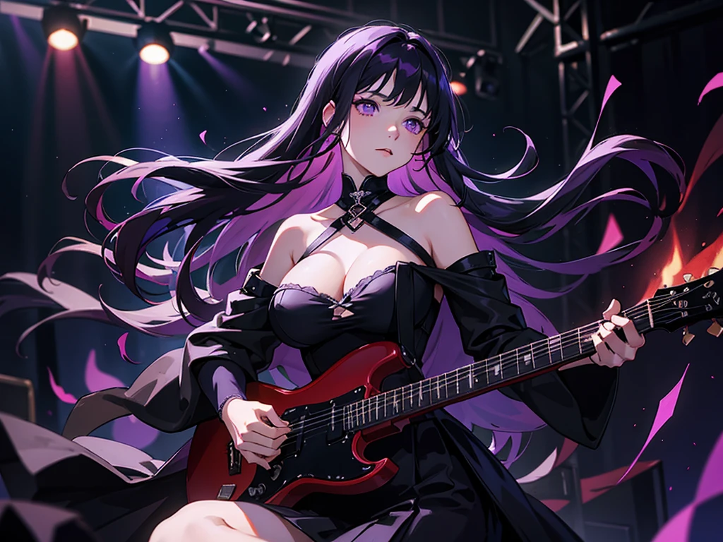 void fires, gothic stage, music stage, outside, dark night, just the stage, purple black hair, purple eyes, large breast,