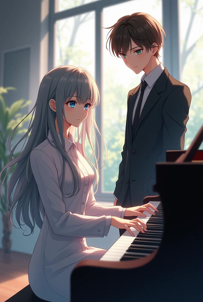 An 18 year old girl with long gray hair and blue eyes is playing the piano in a large room. Next to her stands a 26 year old young man with brown hair and green eyes, with sharp and serious features. He looks happy and is wearing a formal suit.