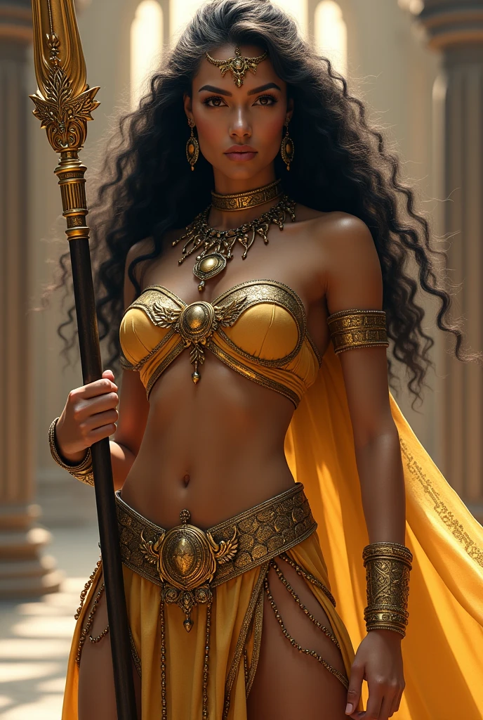 a warrior woman with a toned body with 1,72 tall, Caucasian skin, long black curly hair. uses a golden spear and has golden jewelry
