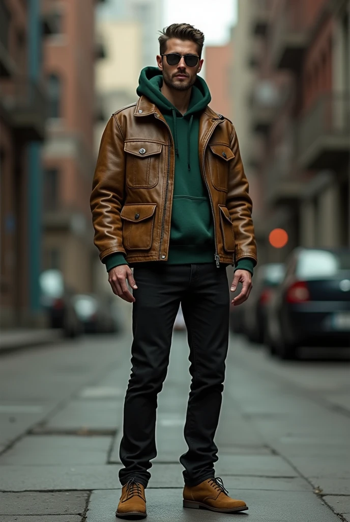 Man in leather jacket, underneath a green-colored hooded sweatshirt, black jeans and camel-colored shoes