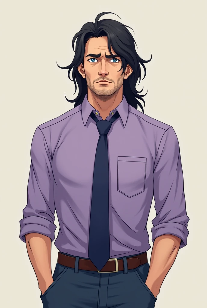Create a male teacher in his mid 40s, having long dark hair, a stubble and tired with life face expression, wearing a purple button up shirt, navy blue tie and jeans pants (Anime styled image)