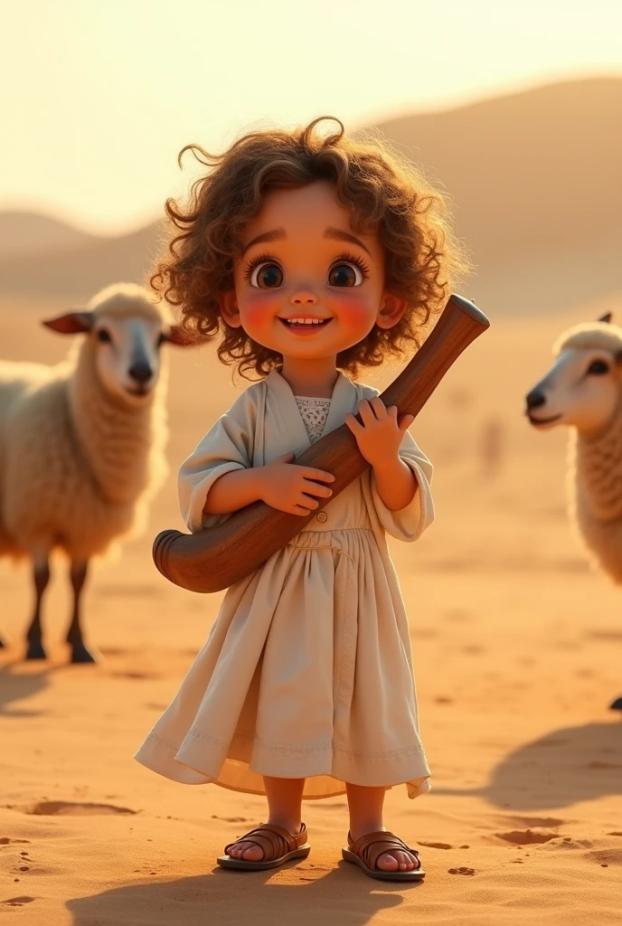 a young jew, , Full-body image, (((7 ))), ((Pixar-style)), (((Caucasian skin))), (((Curly hair))), moreno claro, wearing a white Jewish dress, jewish sandal, happy and welcoming expression, detailed facial features, complex clothing folds, warm lighting, cinematic composition in the desert with sheep nearby, holding a Jewish shofar, rewarded photography