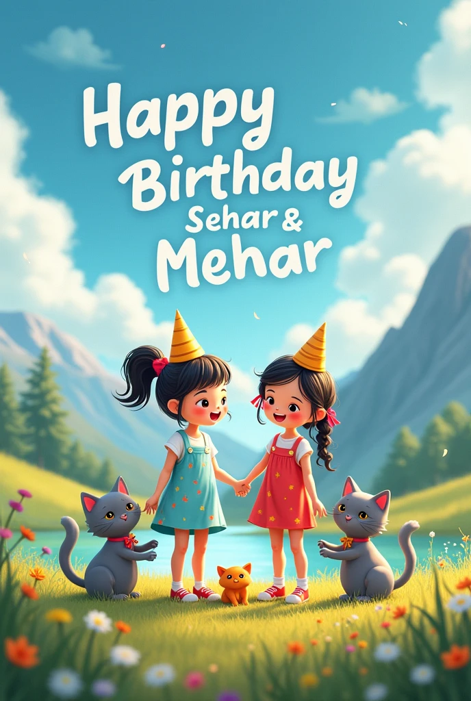 Create image of 2 identical twin girls aged about 5 years celebrating Their birthday with 2 cats one male amd other female both grey in colour while male cat is furry and female cat is chubby surrounded by their little kitten 5 in number one of whom is orange kitten... They are celebrating near a stream in a vast meadow surrounded by mountains and in rhe sky its written ' Happy Birthday Sehar & Mehar '