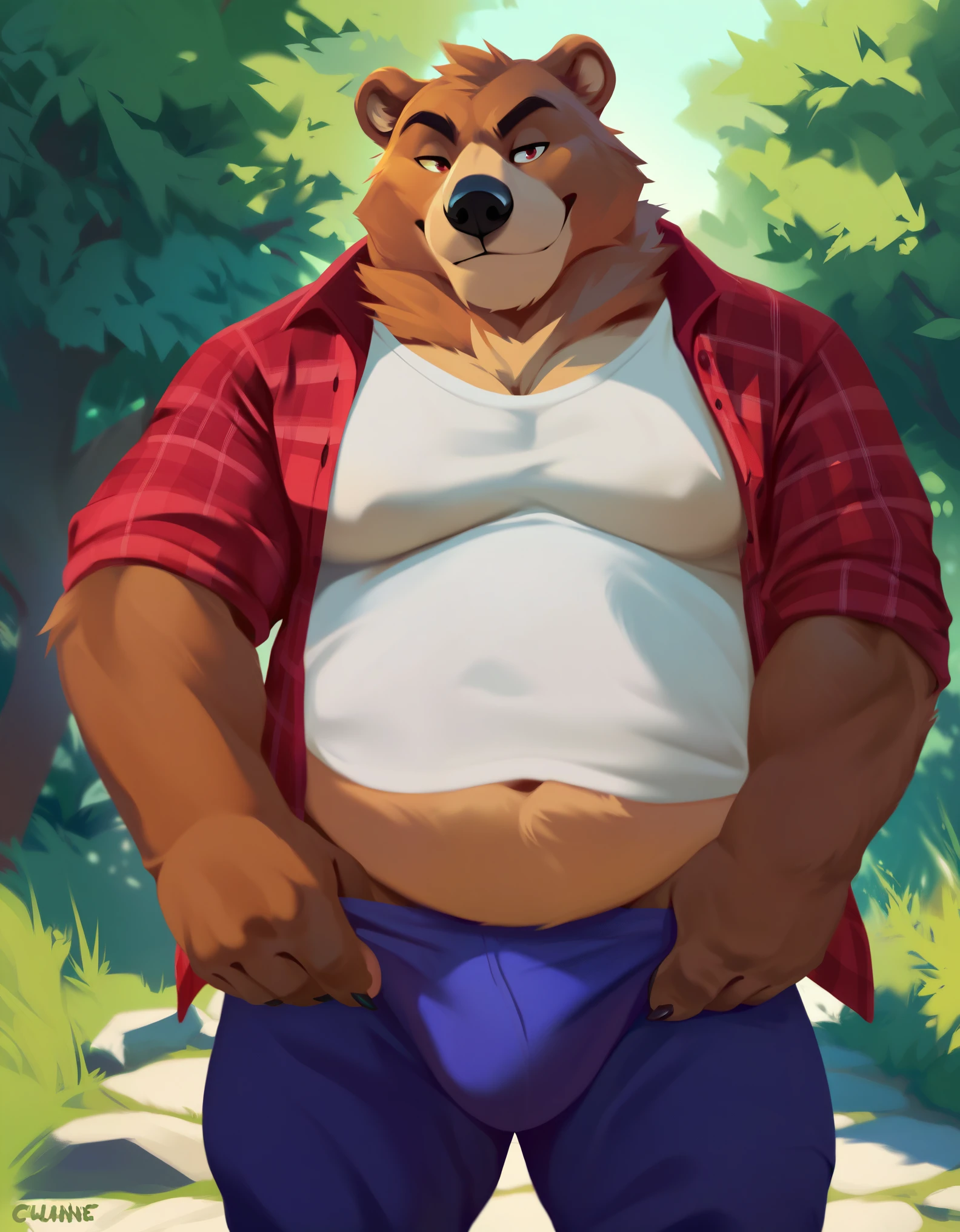 score_9, score_8_up, score_7_up, bear undressing showing belly, male, solo, lineless, overweight_male, outside,bulge, clothing, [red plaid shirt], bottomwear, topwear, source_furry, 