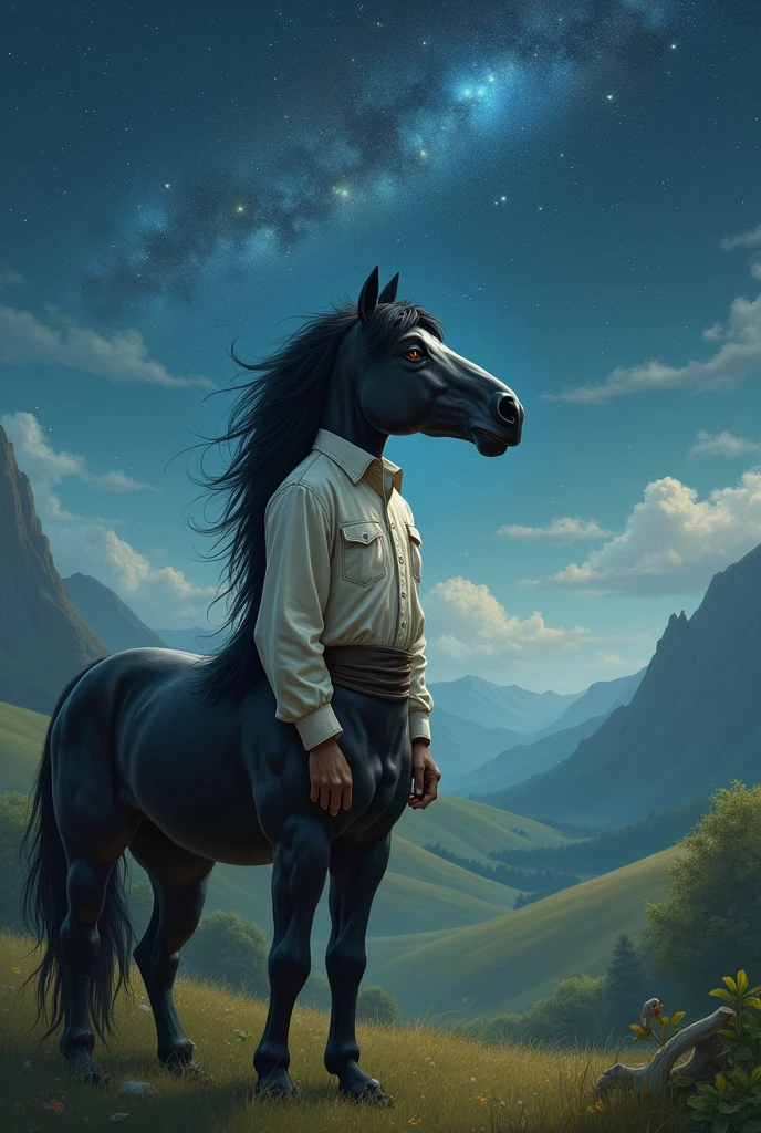 Indian man with the lower part of his body being that of a black-haired horse. He wears an old-fashioned white shirt, a monocle, and watch the stars from a valley.