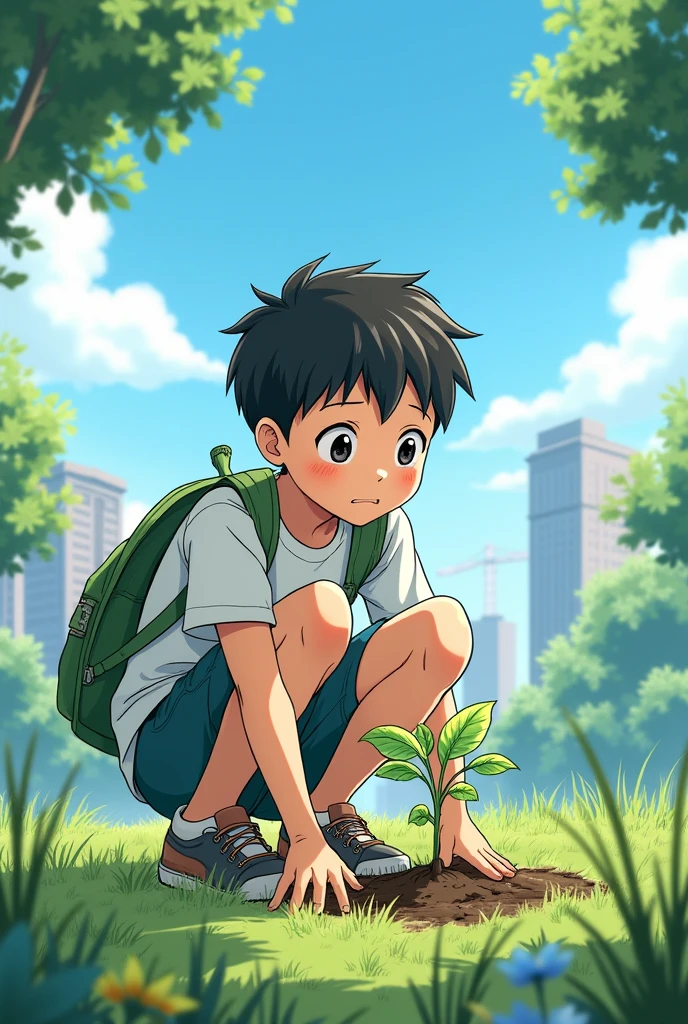 Give me a manga style image related to a good deed related to the environment 
