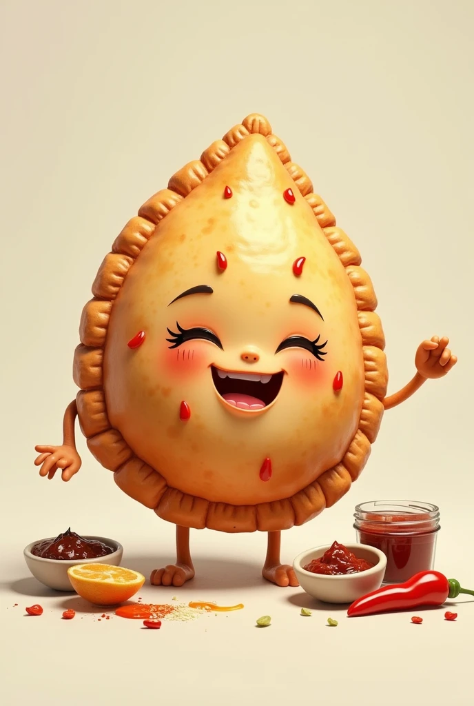 AVATAR IMAGE OF A PIXAR-STYLE AND APPETIZING EMPANADA WITH HANDS, PUTTING SAUCES ON HERSELF,WITH SAUCES AND CHILI IN SMALL CONTAINERS, With a happy face